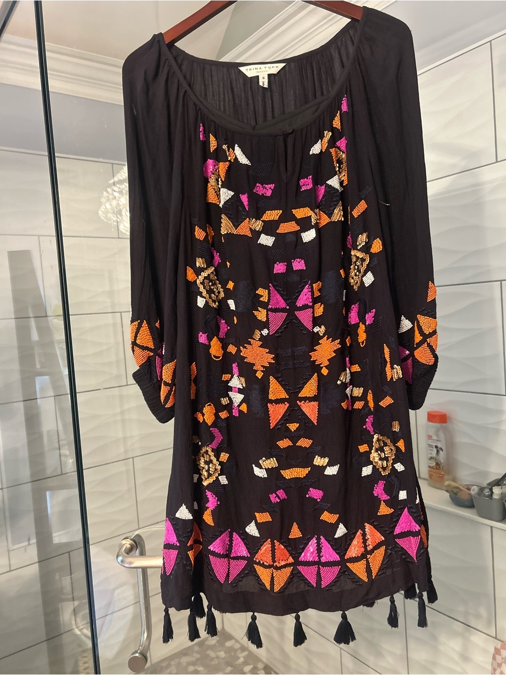 Trina Turk navy  Mini Dress with Pink & Orange Embroidered Geometric Motif